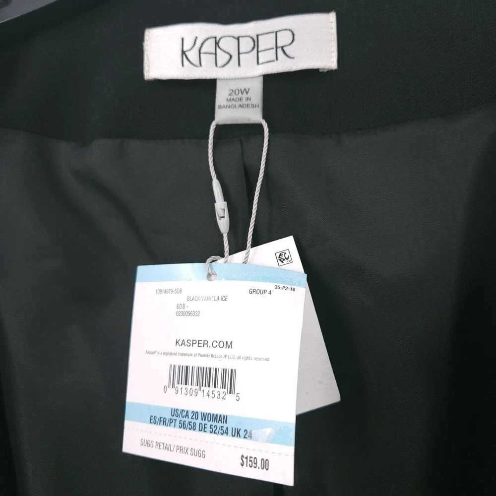 Kasper Stretch Crepe Piping Trim Long Open Front Black Jacket Womens Size‎ 20W